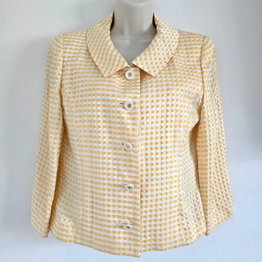 Guy Laroche Paris Silk Gingham Checked Jacket Blazer Yellow SZ-38 Made in Japan - Picture 1 of 7